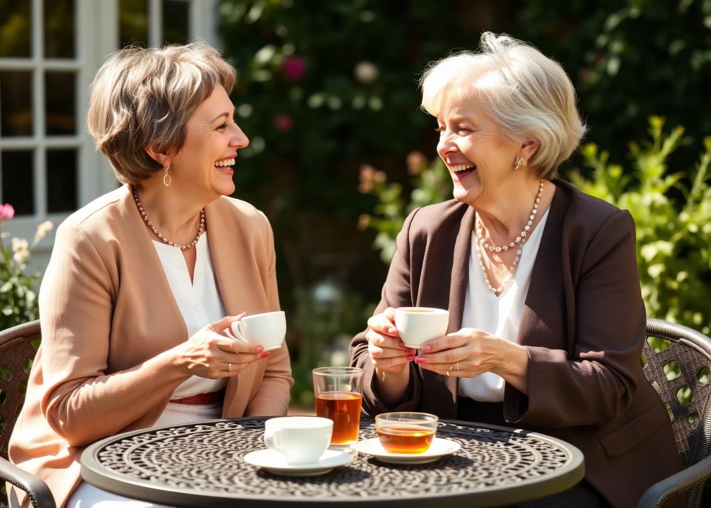 Two mature women friends laughing over tea in a garden