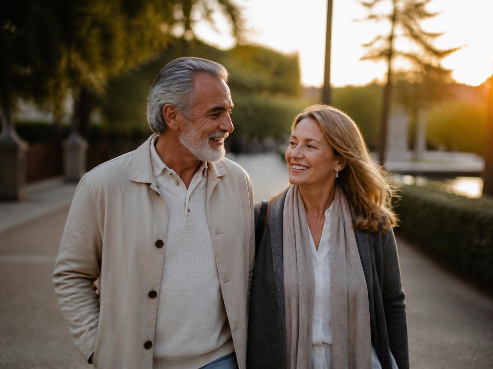 A mature couple walking together at golden hour, smiling warmly